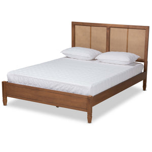 Redmond Mid-Century Modern Walnut Brown Finished Wood and Synthetic Rattan Full Size Platform Bed