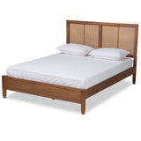 Redmond Mid-Century Modern Walnut Brown Finished Wood and Synthetic Rattan Queen Size Platform Bed