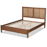 Redmond Mid-Century Modern Walnut Brown Finished Wood and Synthetic Rattan Queen Size Platform Bed