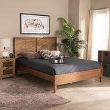 Redmond Mid-Century Modern Walnut Brown Finished Wood and Synthetic Rattan Queen Size Platform Bed