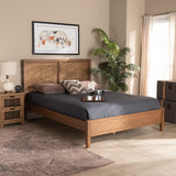 Redmond Mid-Century Modern Walnut Brown Finished Wood and Synthetic Rattan King Size Platform Bed