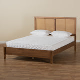 Redmond Mid-Century Modern Walnut Brown Finished Wood and Synthetic Rattan Queen Size Platform Bed