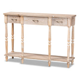 Hallan Classic and Traditional French Provincial Rustic Whitewashed Oak Brown Finished Wood 3-Drawer Console Table