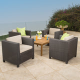 Puerta Outdoor 4 Piece Dark Brown Wicker Club Chair Set with Acacia Wood Coffee Table Noble House