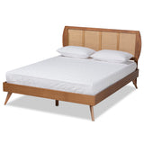 Asami Mid-Century Modern Walnut Brown Finished Wood and Synthetic Rattan King Size Platform Bed
