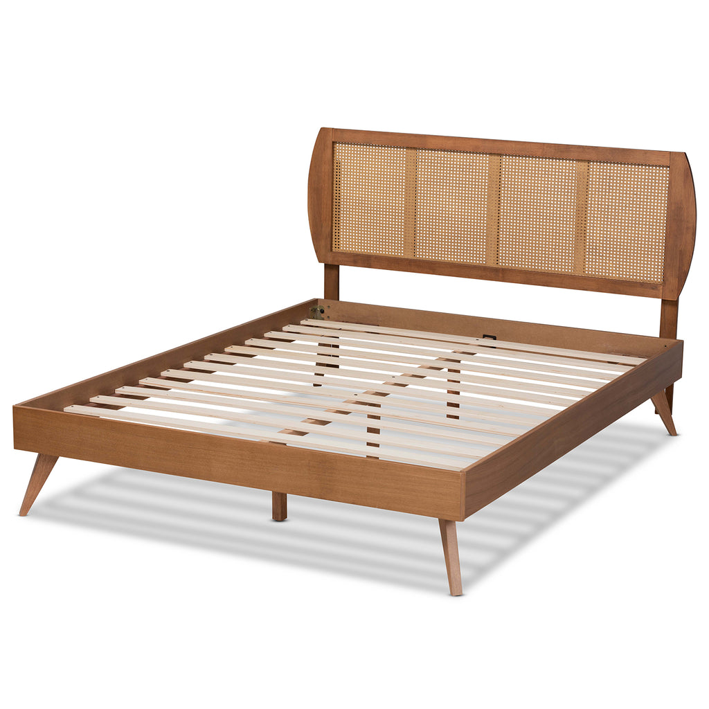 Asami Mid-Century Modern Walnut Brown Finished Wood and Synthetic Rattan Queen Size Platform Bed