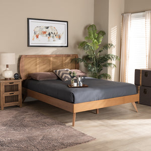 Asami Mid-Century Modern Walnut Brown Finished Wood and Synthetic Rattan Full Size Platform Bed