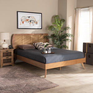 Asami Mid-Century Modern Walnut Brown Finished Wood and Synthetic Rattan Full Size Platform Bed
