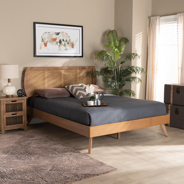 Asami Mid-Century Modern Walnut Brown Finished Wood and Synthetic Rattan Full Size Platform Bed