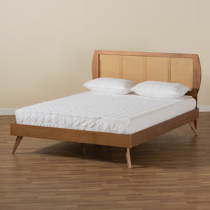 Asami Mid-Century Modern Walnut Brown Finished Wood and Synthetic Rattan Full Size Platform Bed