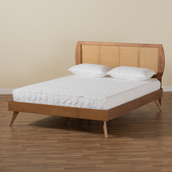 Asami Mid-Century Modern Walnut Brown Finished Wood and Synthetic Rattan King Size Platform Bed