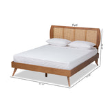 Asami Mid-Century Modern Walnut Brown Finished Wood and Synthetic Rattan Queen Size Platform Bed