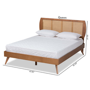Asami Mid-Century Modern Walnut Brown Finished Wood and Synthetic Rattan King Size Platform Bed