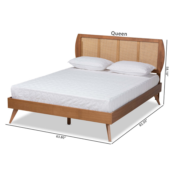 Asami Mid-Century Modern Walnut Brown Finished Wood and Synthetic Rattan King Size Platform Bed