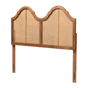 Hazel Vintage Classic and Traditional Ash Walnut Finished Wood and Synthetic Rattan King Size Arched Headboard