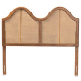 Hazel Vintage Classic and Traditional Ash Walnut Finished Wood and Synthetic Rattan King Size Arched Headboard