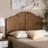 Iris Vintage Classic and Traditional Ash Walnut Finished Wood and Synthetic Rattan King Size Arched Headboard