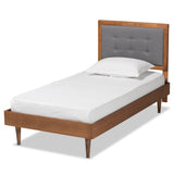 Greta Mid-Century Modern Dark Grey Fabric Upholstered and Walnut Brown Finished Wood Twin Size Platform Bed
