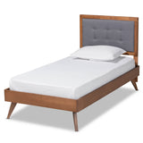 Alida Mid-Century Modern Dark Grey Fabric Upholstered and Walnut Brown Finished Wood Twin Size Platform Bed