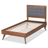 Alida Mid-Century Modern Dark Grey Fabric Upholstered and Walnut Brown Finished Wood Twin Size Platform Bed