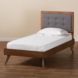 Alida Mid-Century Modern Dark Grey Fabric Upholstered and Walnut Brown Finished Wood Twin Size Platform Bed