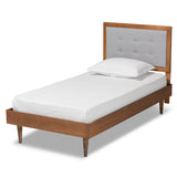 Greta Mid-Century Modern Light Grey Fabric Upholstered and Walnut Brown Finished Wood Twin Size Platform Bed
