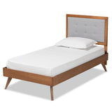 Alida Mid-Century Modern Light Grey Fabric Upholstered and Walnut Brown Finished Wood Twin Size Platform Bed