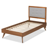 Alida Mid-Century Modern Light Grey Fabric Upholstered and Walnut Brown Finished Wood Twin Size Platform Bed