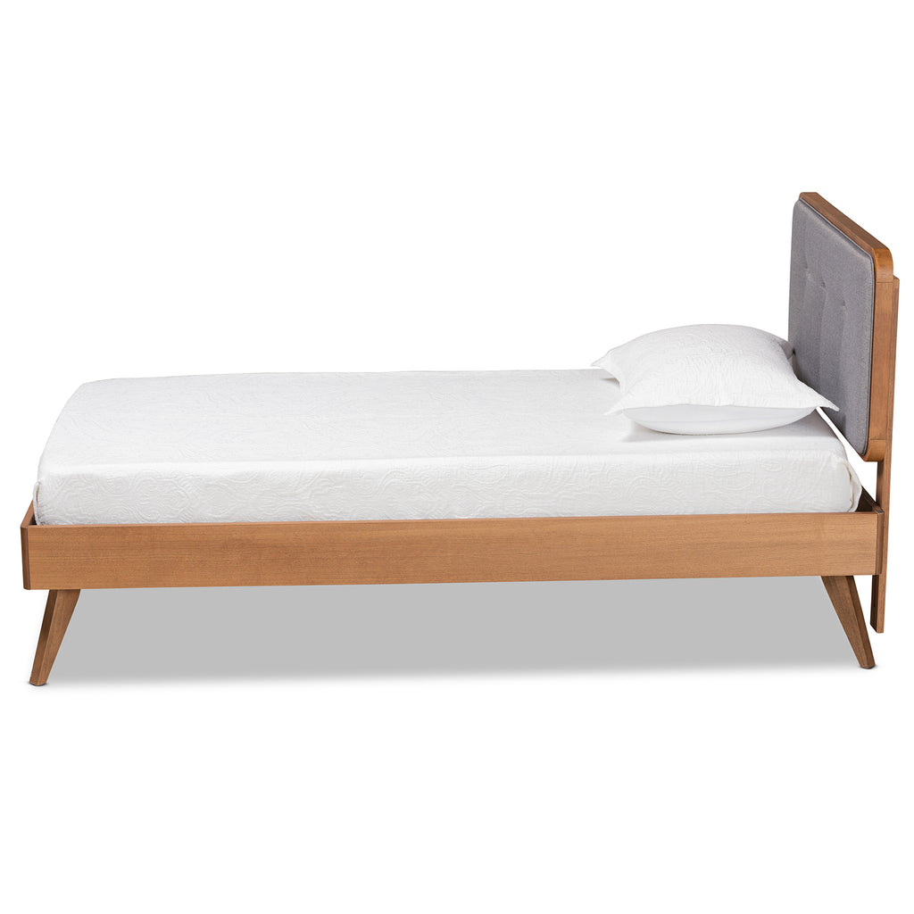 Dilara Mid-Century Modern Dark Grey Fabric Upholstered and Walnut Brown Finished Wood Twin Size Platform Bed