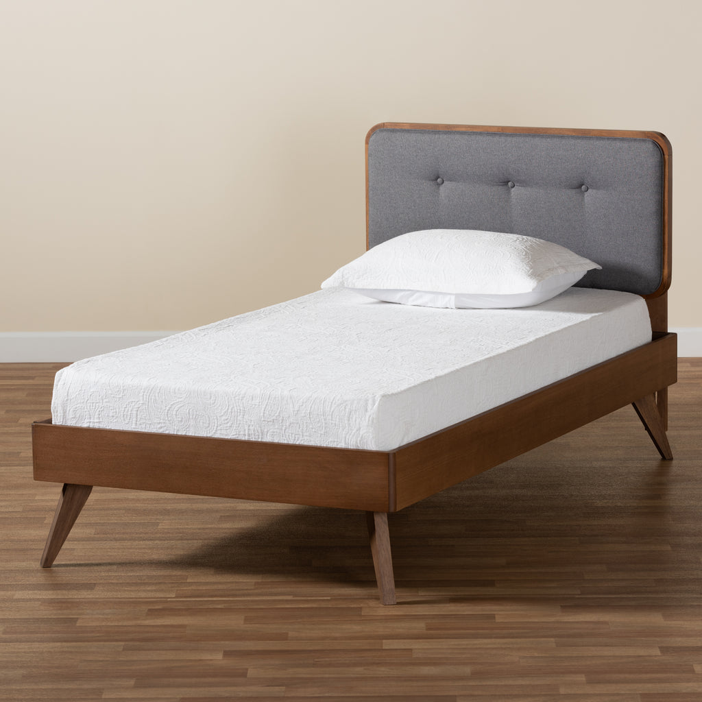 Dilara Mid-Century Modern Dark Grey Fabric Upholstered and Walnut Brown Finished Wood Twin Size Platform Bed