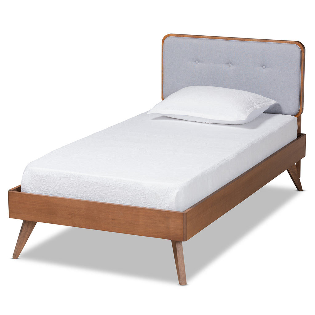 Dilara Mid-Century Modern Light Grey Fabric Upholstered and Walnut Brown Finished Wood Twin Size Platform Bed