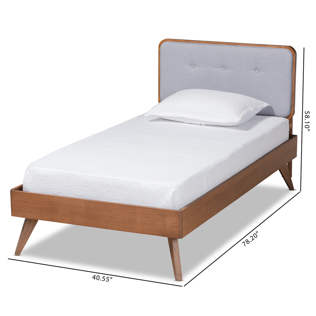 Dilara Mid-Century Modern Light Grey Fabric Upholstered and Walnut Brown Finished Wood Twin Size Platform Bed