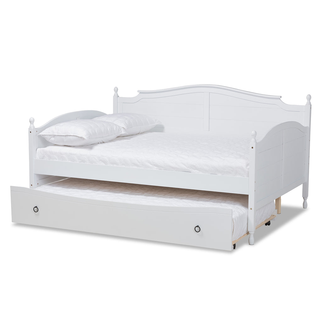 Mara Cottage Farmhouse White Finished Wood Full Size Daybed with Roll-out Trundle Bed