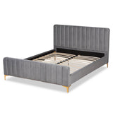 Nami Modern Contemporary Glam and Luxe Light Grey Velvet Fabric Upholstered and Gold Finished King Size Platform Bed