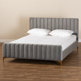 Nami Modern Contemporary Glam and Luxe Light Grey Velvet Fabric Upholstered and Gold Finished King Size Platform Bed