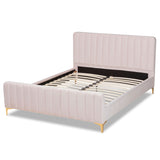 Nami Modern Contemporary Glam and Luxe Light Pink Velvet Fabric Upholstered and Gold Finished King Size Platform Bed
