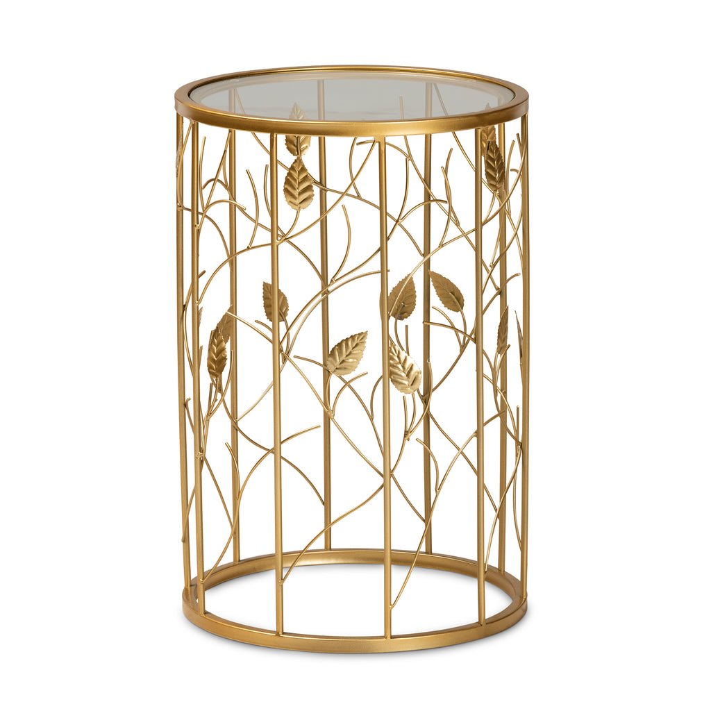 Anaya Modern and Contemporary Glam Brushed Gold Finished Metal and Glass Leaf Accent End Table