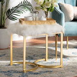Gwyn Glam and Luxe White Faux Fur Upholstered and Gold Finished Metal Ottoman