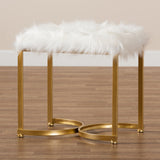 Gwyn Glam and Luxe White Faux Fur Upholstered and Gold Finished Metal Ottoman