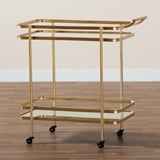 Destin Modern and Contemporary Glam Brushed Gold Finished Metal and Mirrored Glass 2-Tier Mobile Wine Bar Cart