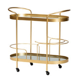 Kamal Modern and Contemporary Glam Brushed Gold Finished Metal and Mirrored Glass 2-Tier Mobile Wine Bar Cart