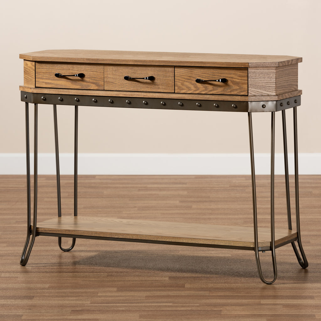 Kellyn Vintage Rustic Industrial Oak Brown Finished Wood and Black Finished Metal 3-Drawer Console Table 