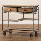Grant Vintage Rustic Industrial Oak Brown Finished Wood and Black Finished Metal 2-Drawer Kitchen Cart