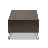 Baldor Modern and Contemporary Dark Brown Finished Wood and Rose Gold-Tone Finished Metal 2-Drawer Coffee Table