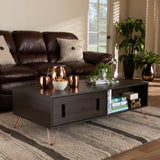 Baldor Modern and Contemporary Dark Brown Finished Wood and Rose Gold-Tone Finished Metal 2-Drawer Coffee Table