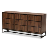 Neil Modern and Contemporary Walnut Brown Finished Wood and Black Finished Metal 3-Door Dining Room Sideboard Buffet