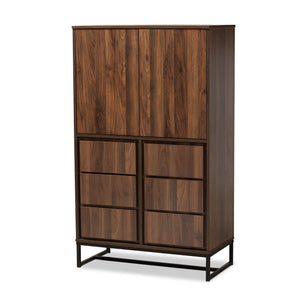 Neil Modern and Contemporary Walnut Brown Finished Wood and Black Finished Metal Multipurpose Storage Cabinet