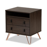 Glover Modern and Contemporary Dark Brown Finished Wood and Rose Gold-Tone Finished Metal 2-Drawer Nightstand