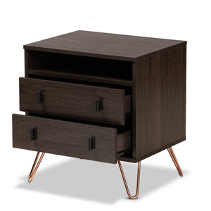 Glover Modern and Contemporary Dark Brown Finished Wood and Rose Gold-Tone Finished Metal 2-Drawer Nightstand