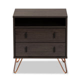 Glover Modern and Contemporary Dark Brown Finished Wood and Rose Gold-Tone Finished Metal 2-Drawer Nightstand